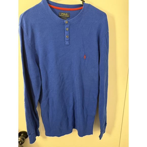 Polo Ralph Lauren Other - Polo Ralph Lauren Kids XL Blue Waffle Knit Long Sleeve Henley Shirt Red Pony